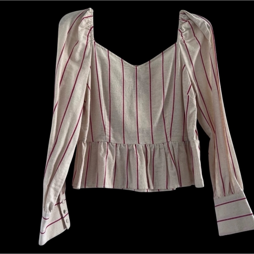 Moon River Cream and Burgundy Striped Blouse